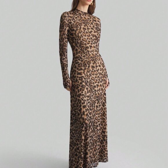 Brown Elegant Women's Leopard Print Digital Pattern Sexy Long maxi Dress - Picture 6 of 9